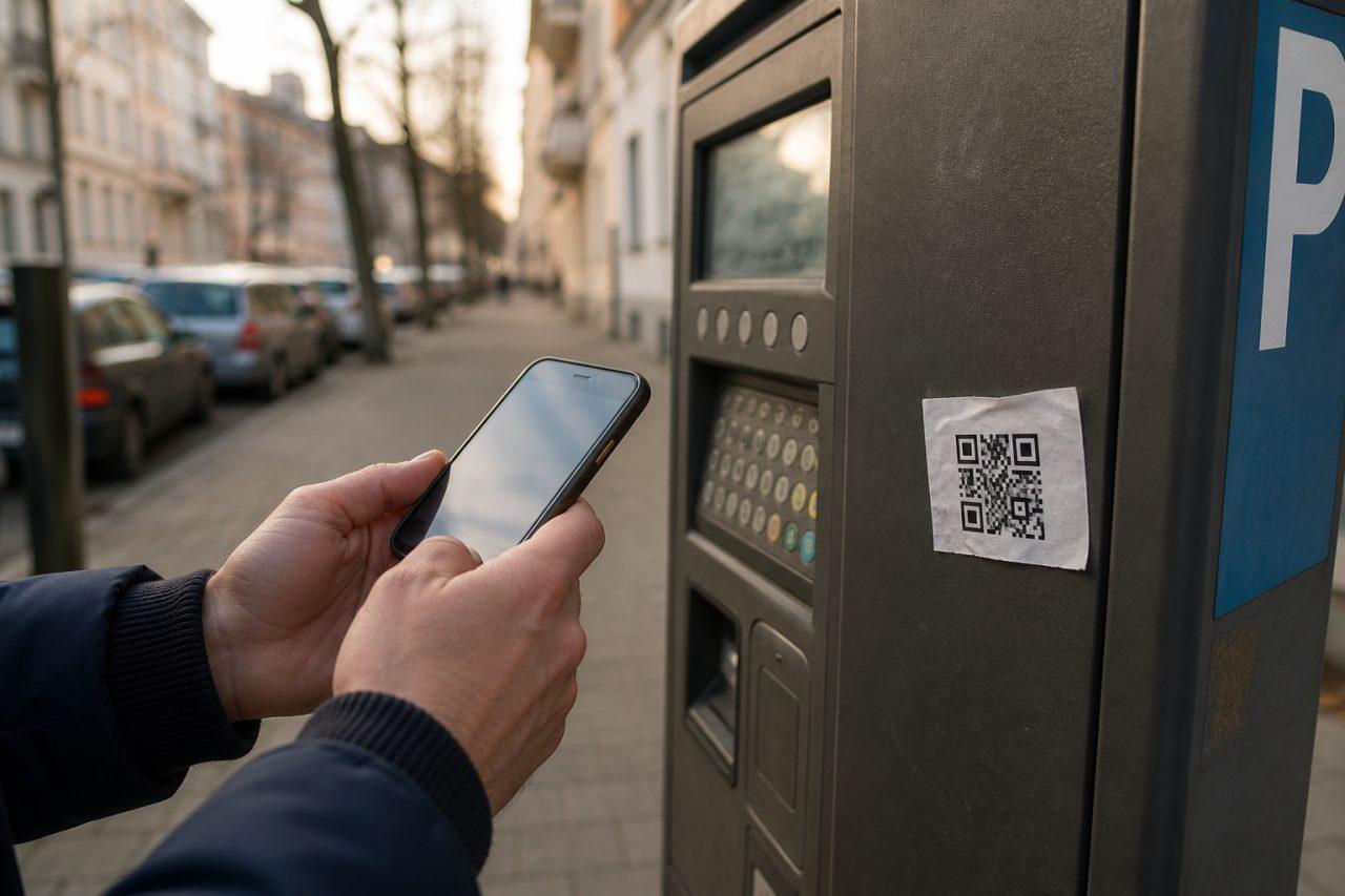 Smartphone vor einem Parkautomaten mit aufgeklebtem QR-Code